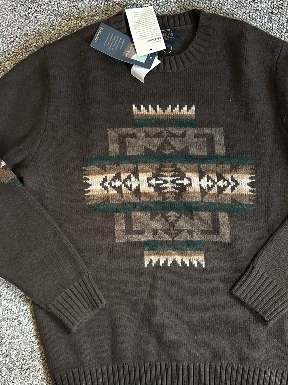 Pendleton Women’s Dark Brown Crewneck Sweater with Geometric Pattern - Picture 2 of 4